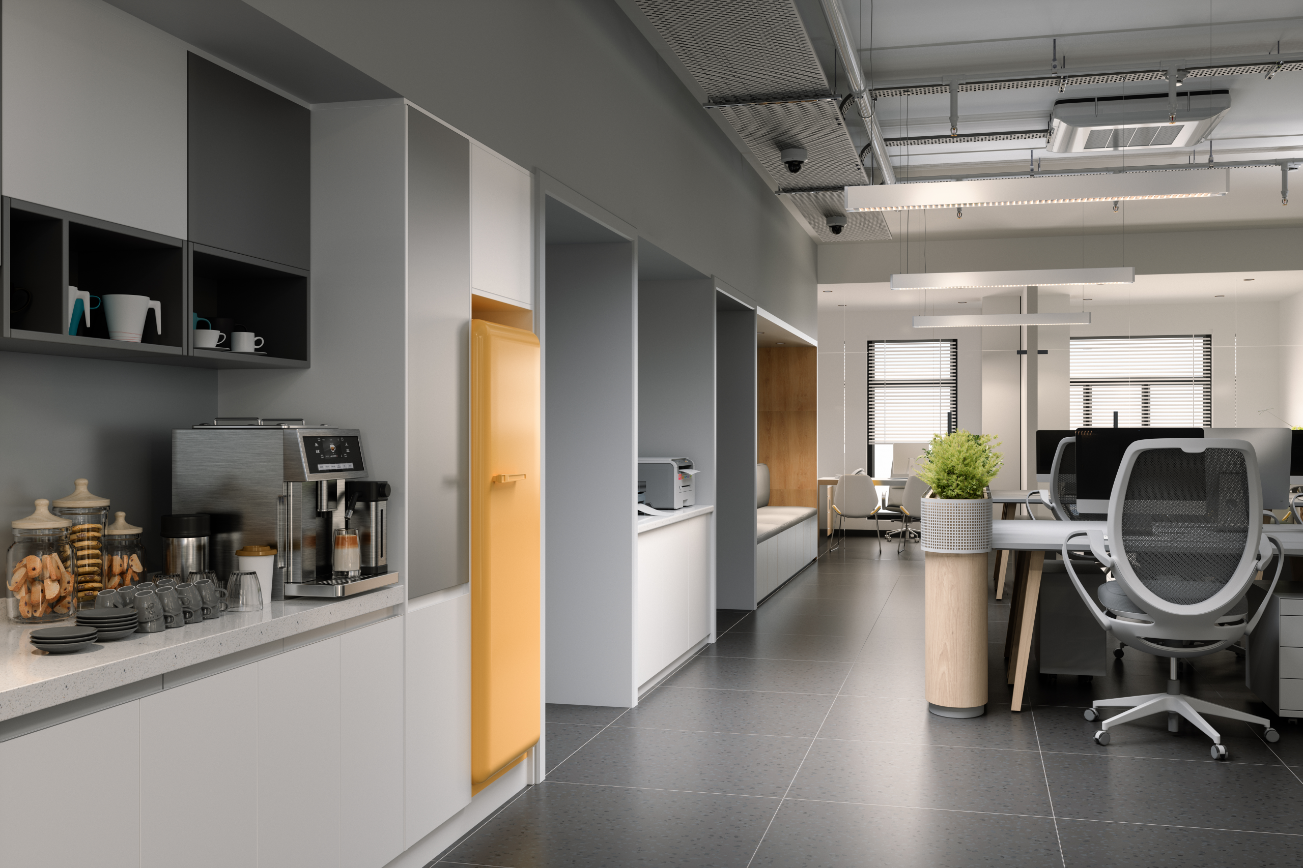 Moderne Büroküche mit Arbeitsfläche und Kaffeemaschine