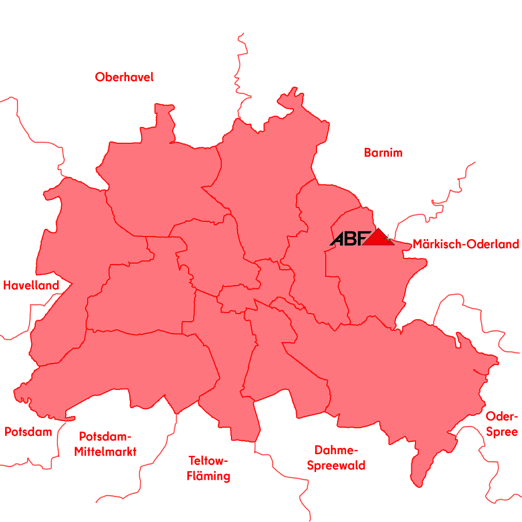 Gebäudereinigung Berlin und Umgebung – Einsatzgebiet von ABF Gebäudereinigung GmbH Karte von Berlin und Umgebung mit dem Einsatzgebiet von ABF Gebäudereinigung GmbH